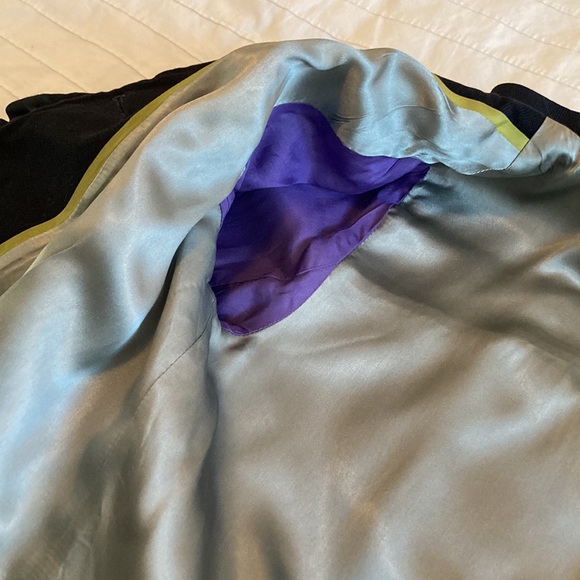 Y2K J Crew Navy collarless cropped blazer, ruffle detail, 3/4 sleeve, size 2 - Picture 7 of 14